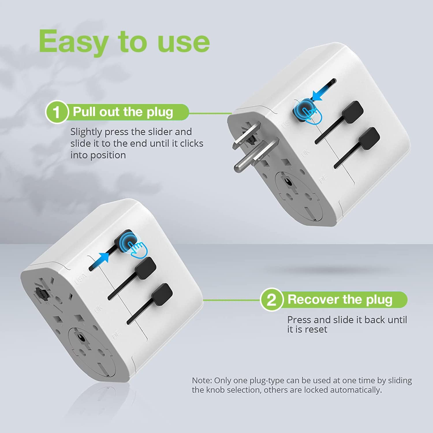 Techly 367782 Adattatore da Viaggio Universale 150 Paesi 2 Porte USB-A e 1 Porta USB-C™ Bianco Bianco