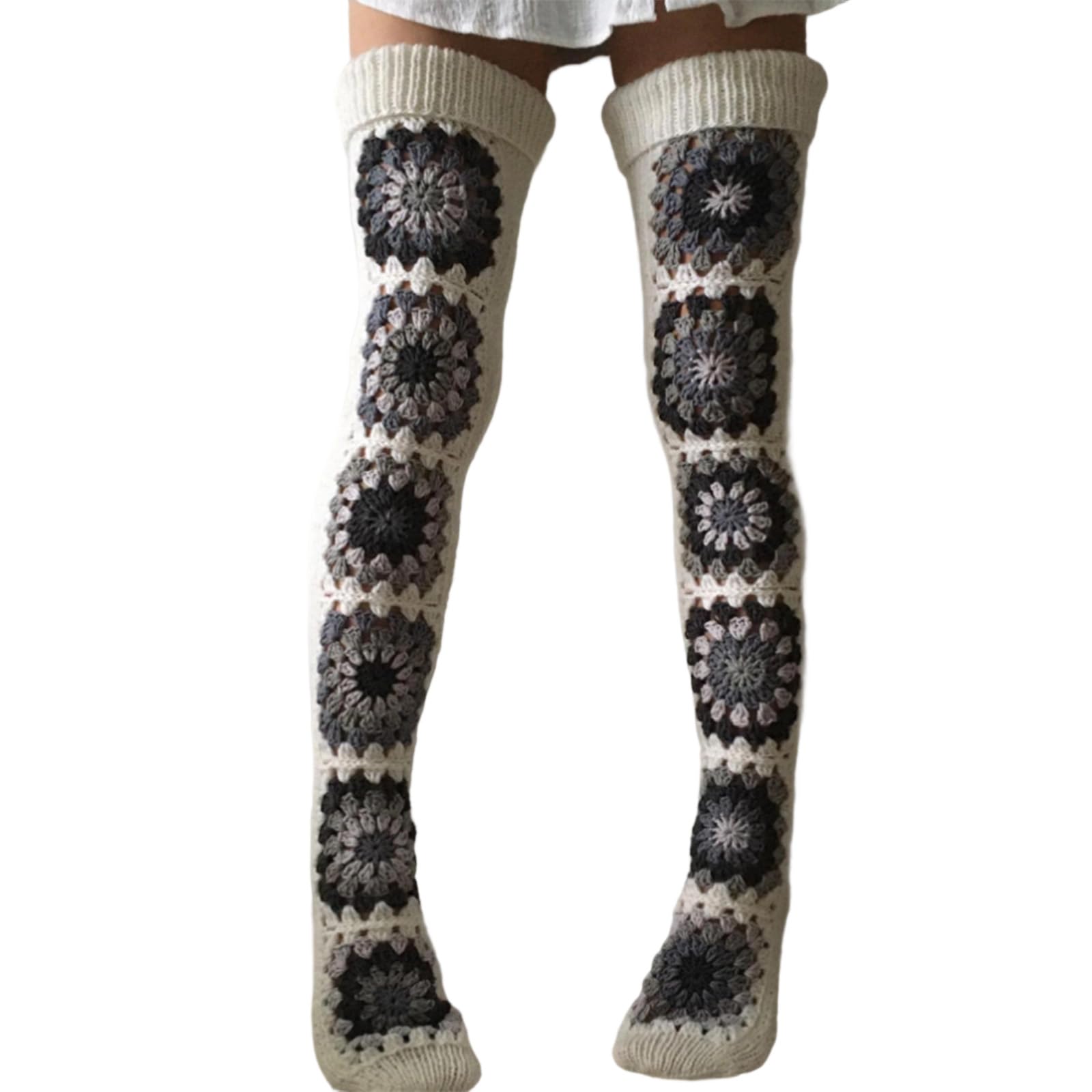 FEORJGP Womens Granny Square Over Knee High Socks Crochet Knitted Stockings Tube Long Leg Warmers Cable Thigh High Boot Socks