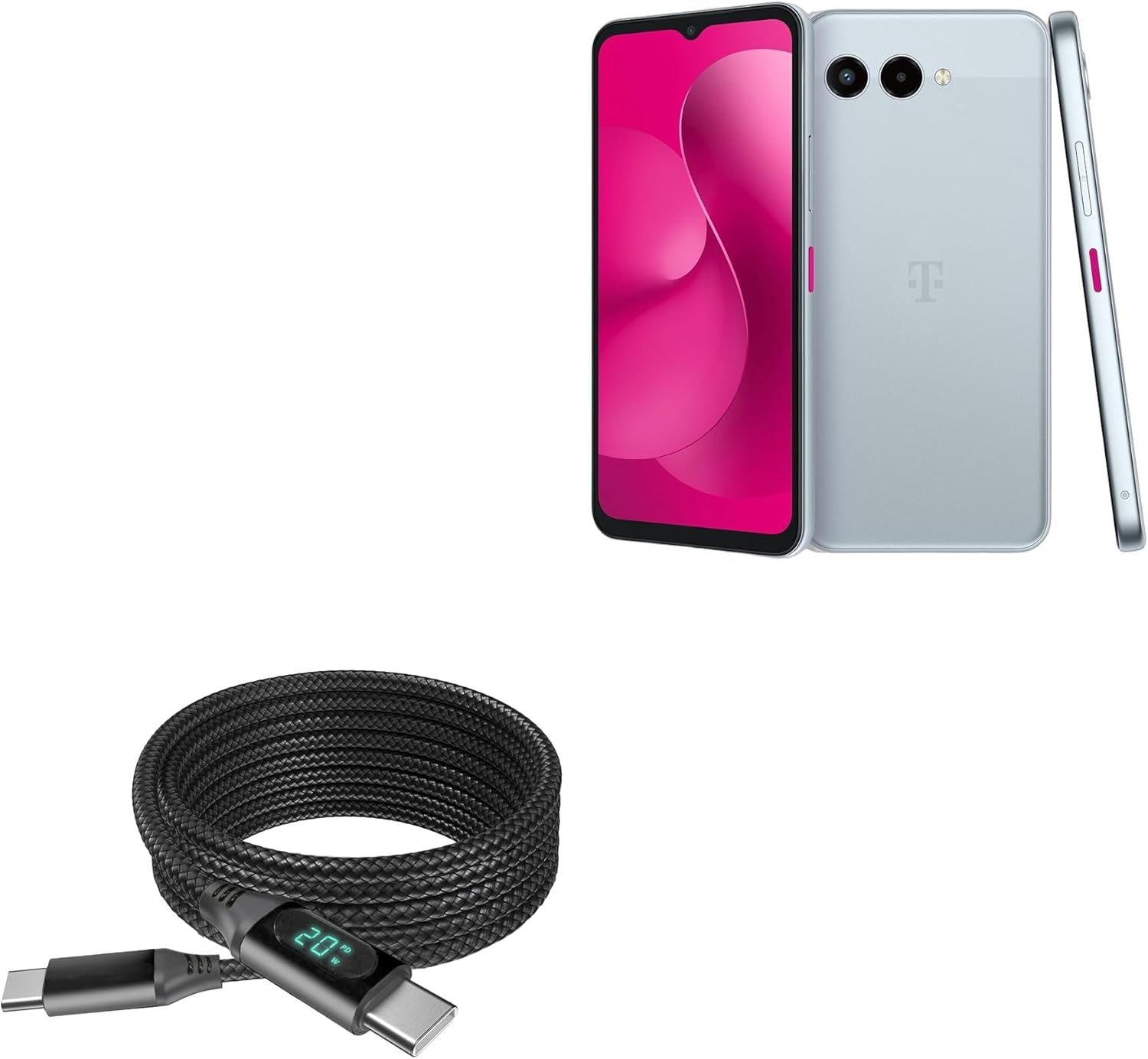 BoxWave Cable Compatible with T-Mobile REVVL 8 - PowerDisplay PD Cable (6ft) - USB-C to USB-C (100W), LED Wattage Info Extra Long Braided Nylon - Jet Black