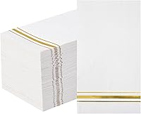 Vista 9 de 200 servilletas de papel forradas con borde dorado, elegantes servilletas de cena de 3 capas de papel blanco y dorado, toallas de mano desechables