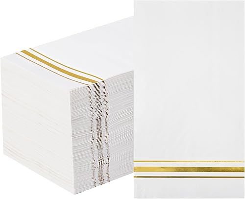 Miniatura 9 de 200 servilletas de papel forradas con borde dorado, elegantes servilletas de cena de 3 capas de papel blanco y dorado, toallas de mano desechables