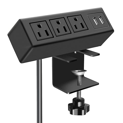 CCCEI 3-Outlet Desk Clamp Power Strip with USB Ports, Desktop Power Strip Surge Protector 1200J. Desk Mount Charging Power Station, Edge Power Outlet 125V 12A 1500W - 6FT - Black