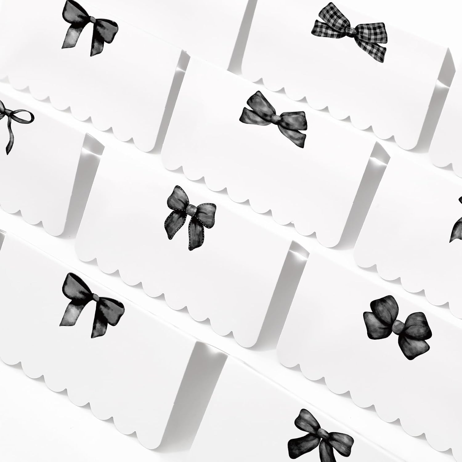 Whaline 80 Pcs Black Bow Place Cards 2 x 3.5 Inch Watercolor Bowknot Tented Name Cards Scalloped Blank Seat Assignment Labels for Party Table Setting Supplies, 8 Designs