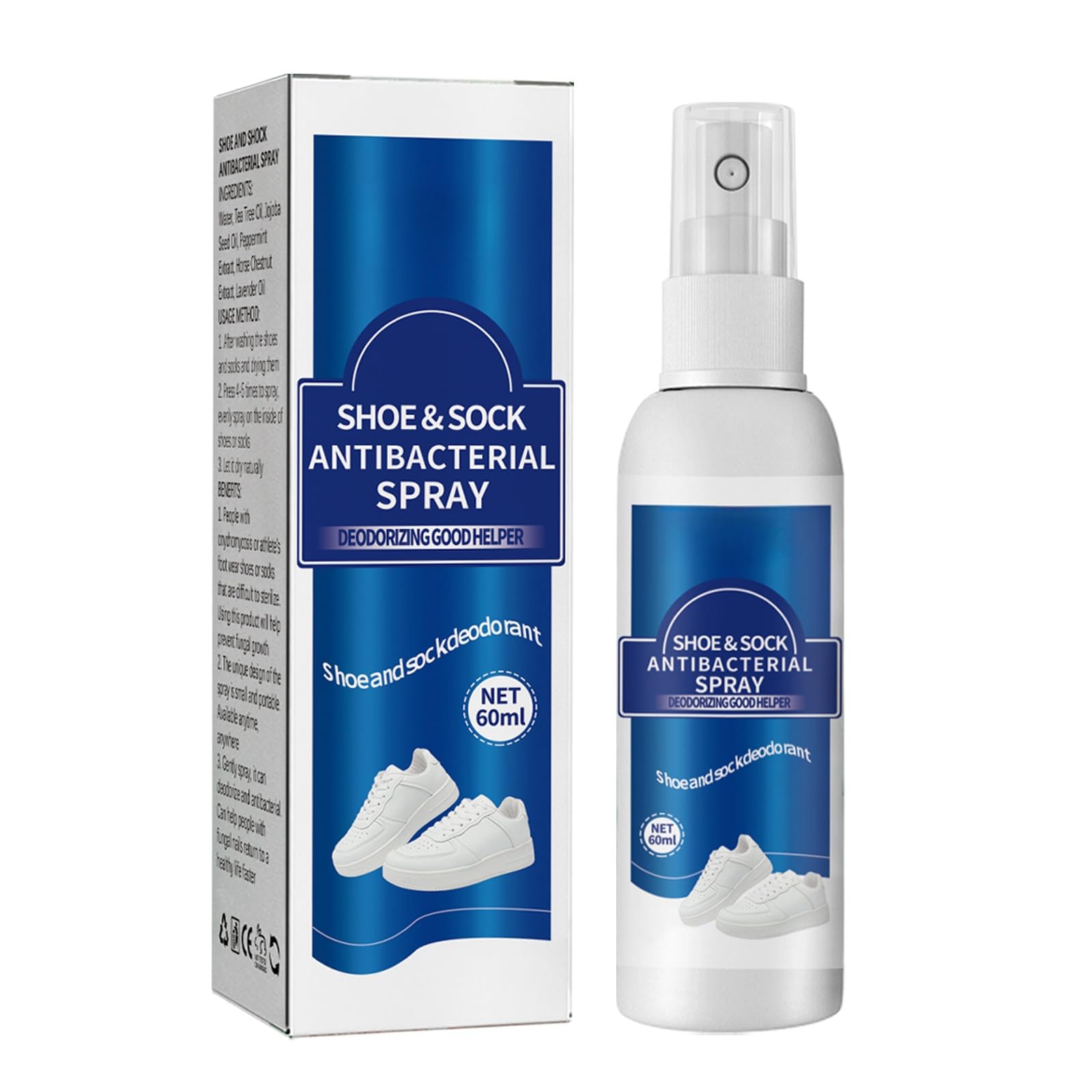 Shoe & Sock Antibacterial Spray, 60ml Odor Eliminator for Shoes & Socks, Sweat Deodorizer & Freshener for Footwear, Cleans & Refreshes with Antibacterial Properties, Keep Shoe Cabinets Fresh