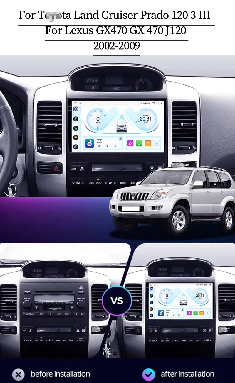9-calowy dotykowy radio GPS dla Land Cruiser Prado 120 3 2002-2009, obsługuje BT WiFi Mirror Link 4G sterowanie z kierownicy(HM611 8 Core 4G+Wifi 8+256GB)