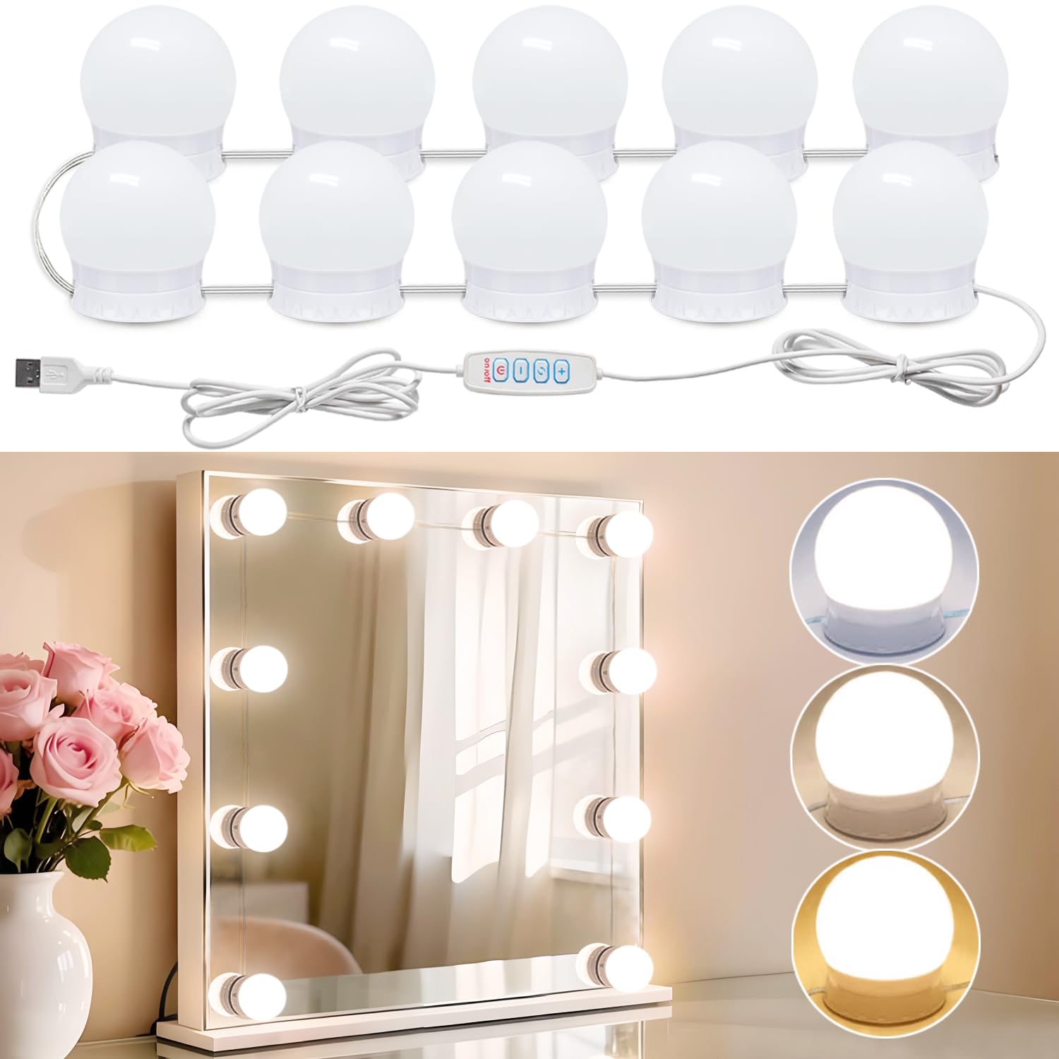 LED Vanity Lights for Mirror,10 Dimmable Bulbs,3000K 4500K 6500K &amp; Brightness Adjustable,Hollywood Mirror Lights for Makeup Dressing Room