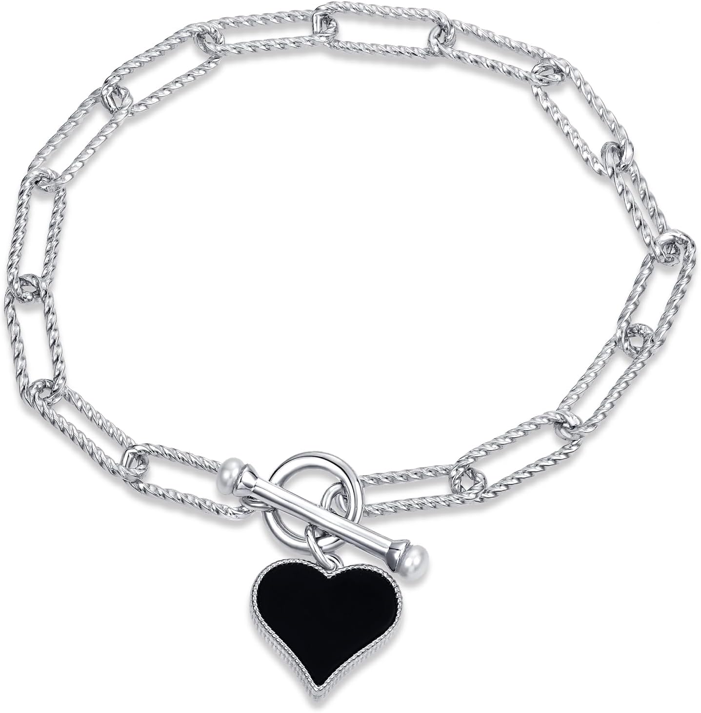 925 Sterling Silver Black Onyx & White Shell Heart Charm Toggle Bracelet for Women - Dainty Black Gemstone Charm Bracelet, Gift for Girlfriend, Wife