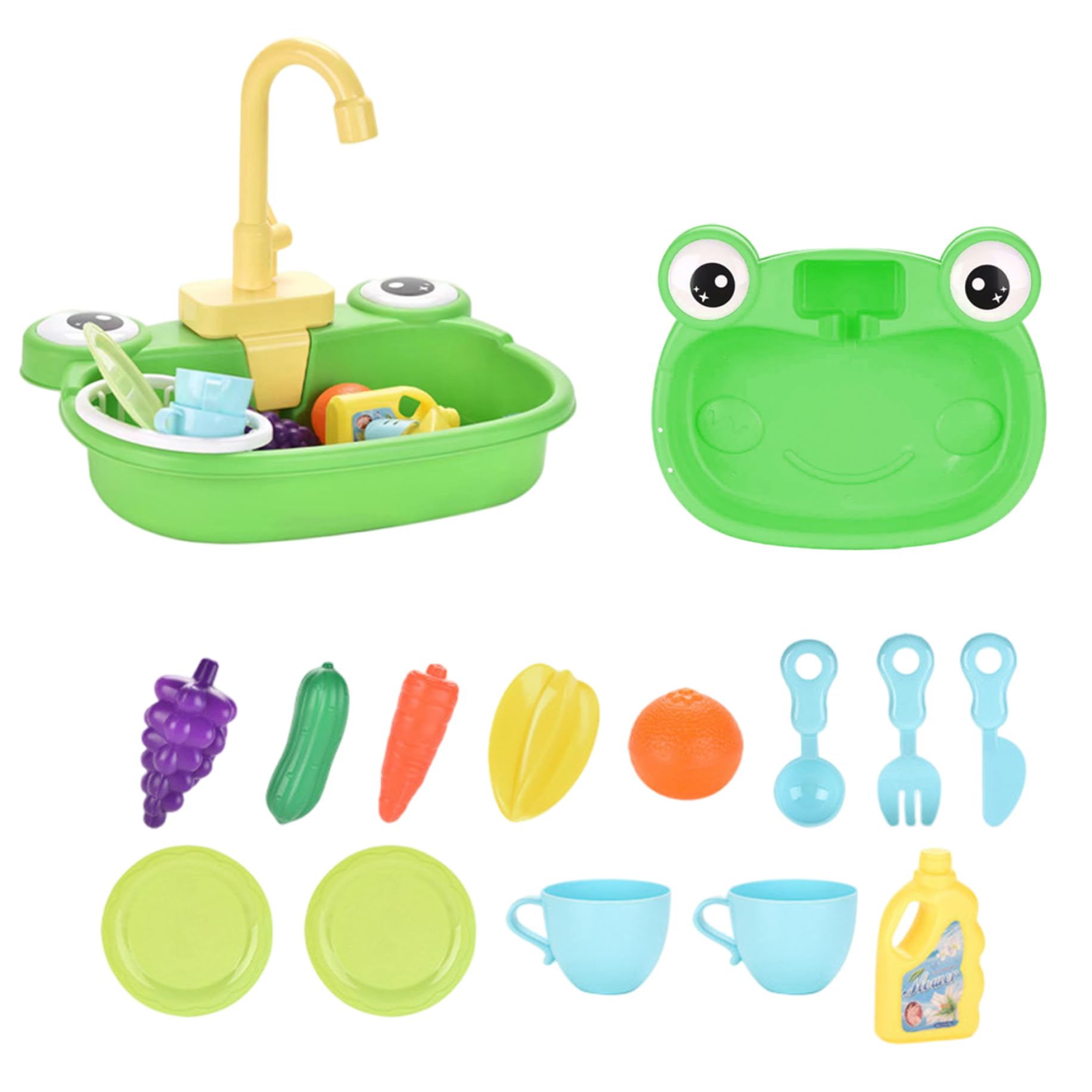 Lavello per Bambini con Acqua Corrente, Lavello da Gioco a Rana in Plastica con Rubinetto Girevole a 180°, con Modello Giocattolo Verdura, Frutta, Stoviglie, Detersivo e Cestello Scolapiatti, Giocatt