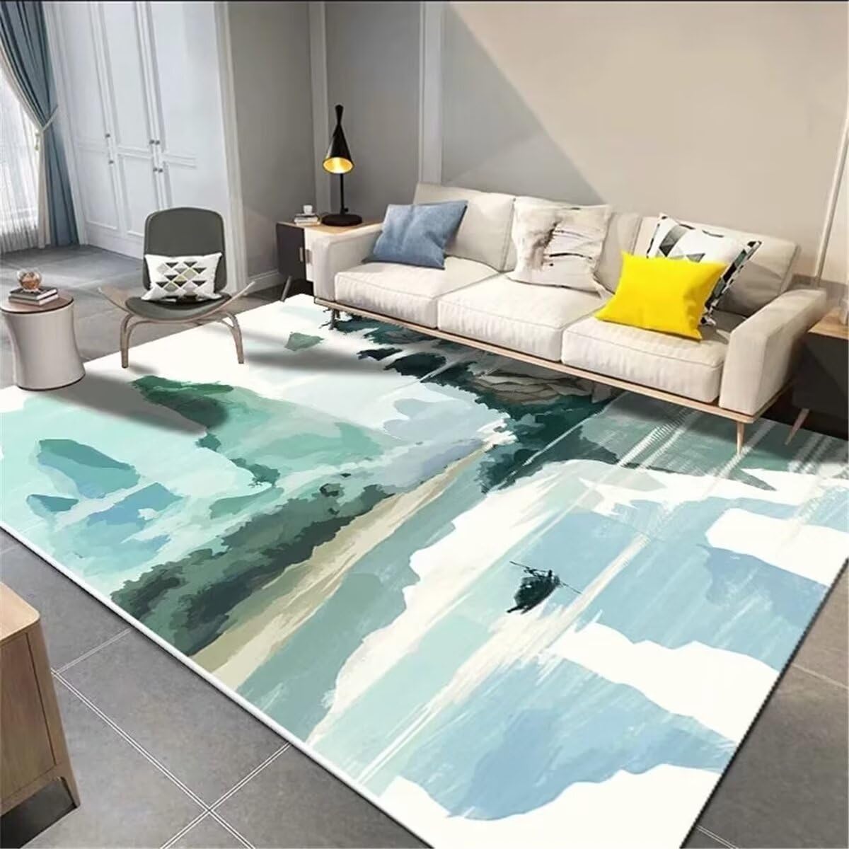 Tapis de salon aquarelle bleu-vert design contemporain 100x200cm pour chambre à coucher moderne