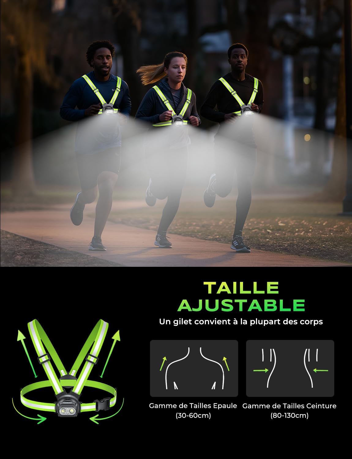 Lampe Running avec Arrière, 500LM Lampe Course a Pied, 7+2 Modes Lumiere & Ajustable à 45° Lampes Pectorale Running, Étanche IPX4 & 360° gilet reflechissant running, Remplacer Lampes Frontale