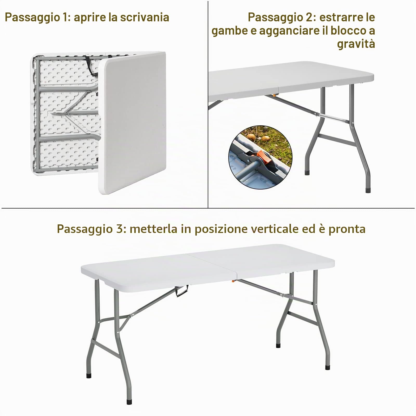 SogesHome Tavolo Pieghevole da Giardino Bianco perfetto come Tavolo da Campeggio, Tavolino Esterni Richiudibile a Valigetta con Maniglia,152 x 71 cm, HP-152CZ-SH-01