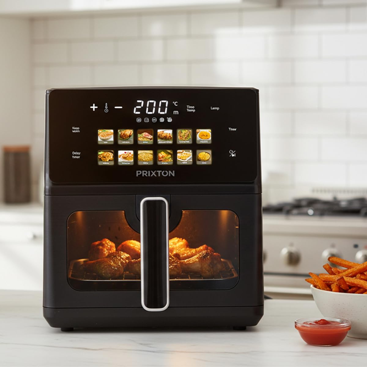 PRIXTON Freidora de Aire Cook Organics 6 L, Air Fryer 1700 W con Doble Resistencia, Pantalla LED Táctil, 12 Programas, Ventana Transparente, Cesto Antiadherente