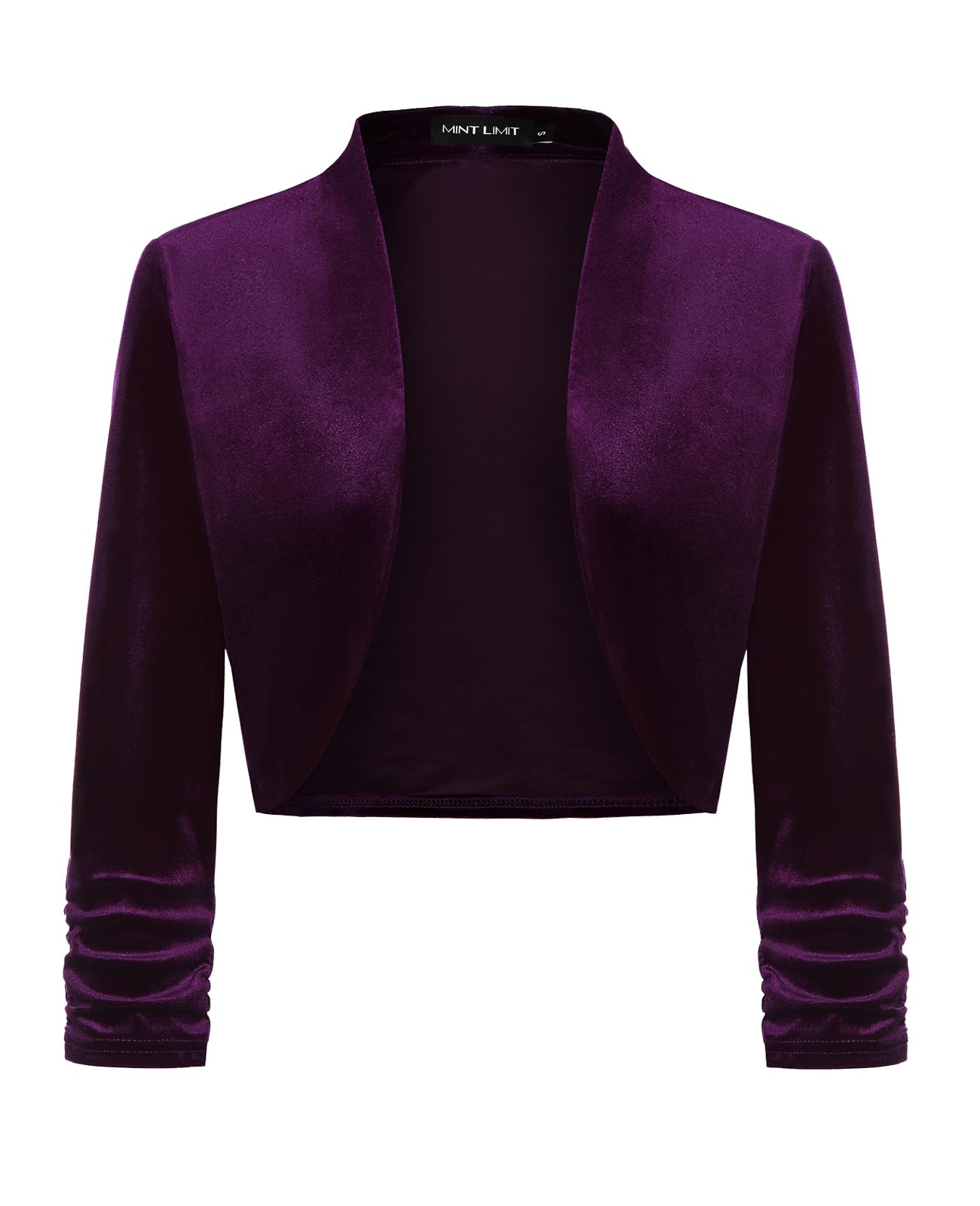 MINTLIMIT Womens Velvet Bolero Shrugs for Dresses Ruched 3 4 Sleeve Open Front Cocktail Party Cropped Cardigan
