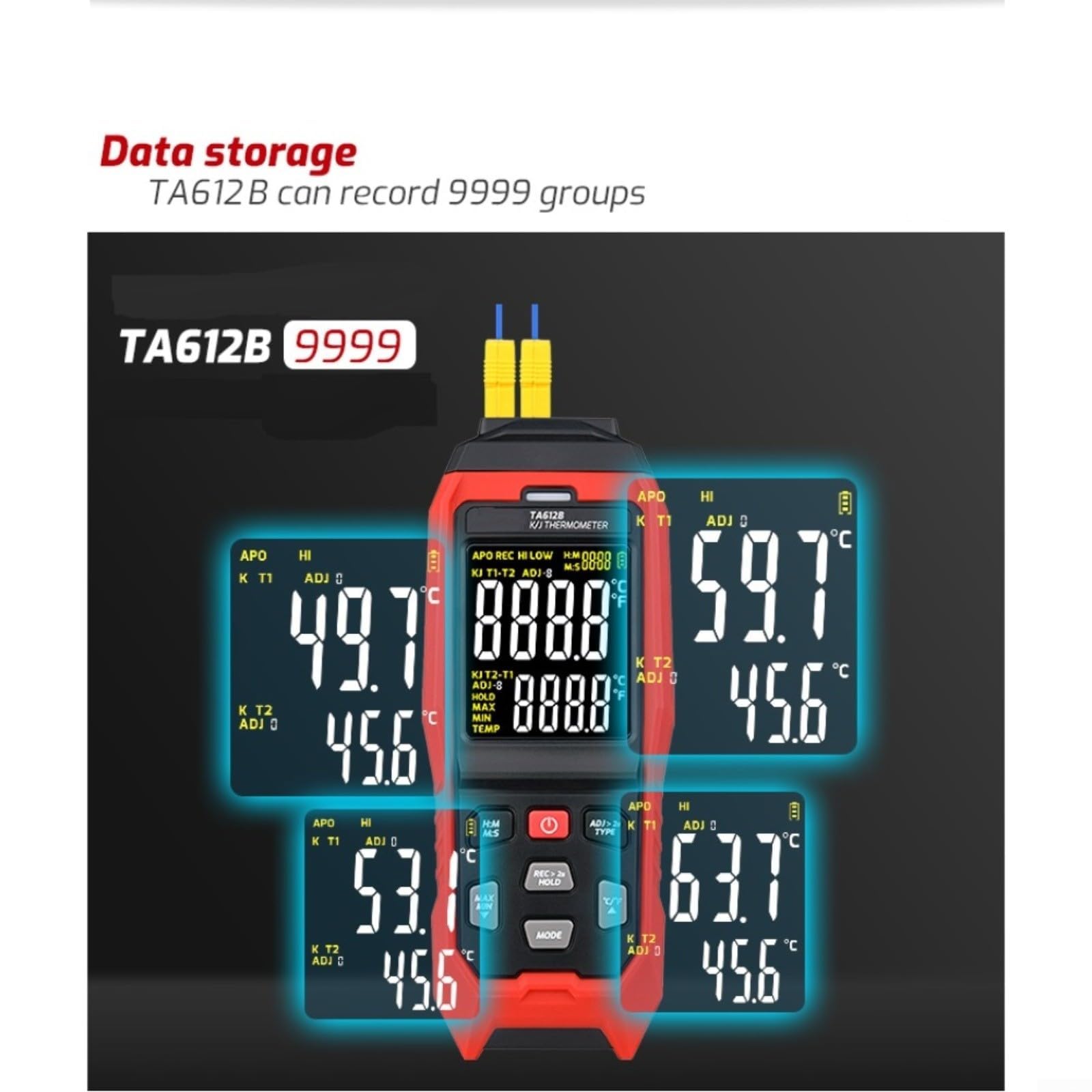 TA612B Termometro a doppio canale per tipo termocoppia K/J con registrazione dati e allarme, gamma da -200 a 1372C per industriale per misurazione superficiale