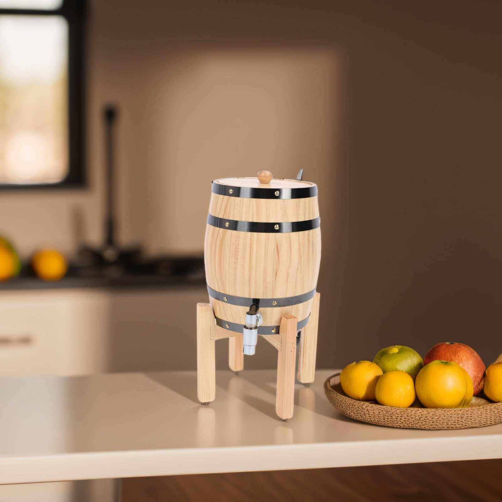 Tonneau à Vin en Bois, Tonneau à Bière en Bois de Chêne 3 L, Fûts à Whisky avec Robinet et Support pour un Usage Domestique