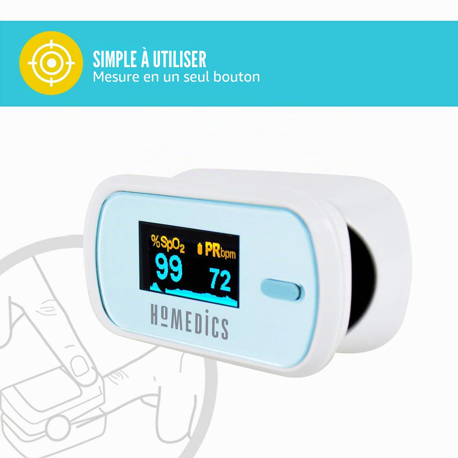 Homedics Oxymètre de pouls professionnel - Mesure le niveau d’oxygène dans le sang au bout du doigt – Portable et Ecran facile à lire - SpO2, PR et PI