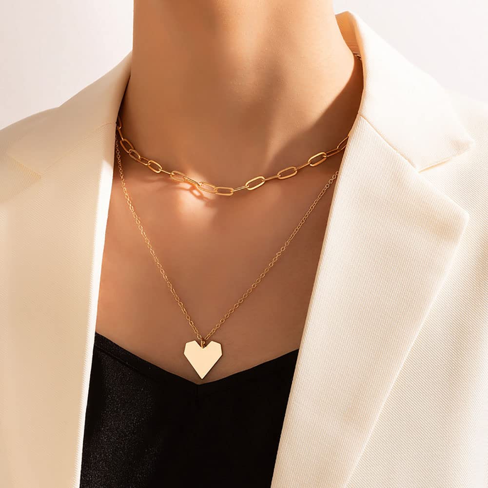 Wedity Double Layered Love Heart Pendant Necklace Gold Peach Heart Choker Necklace Chain Jewelry for Women and Girls