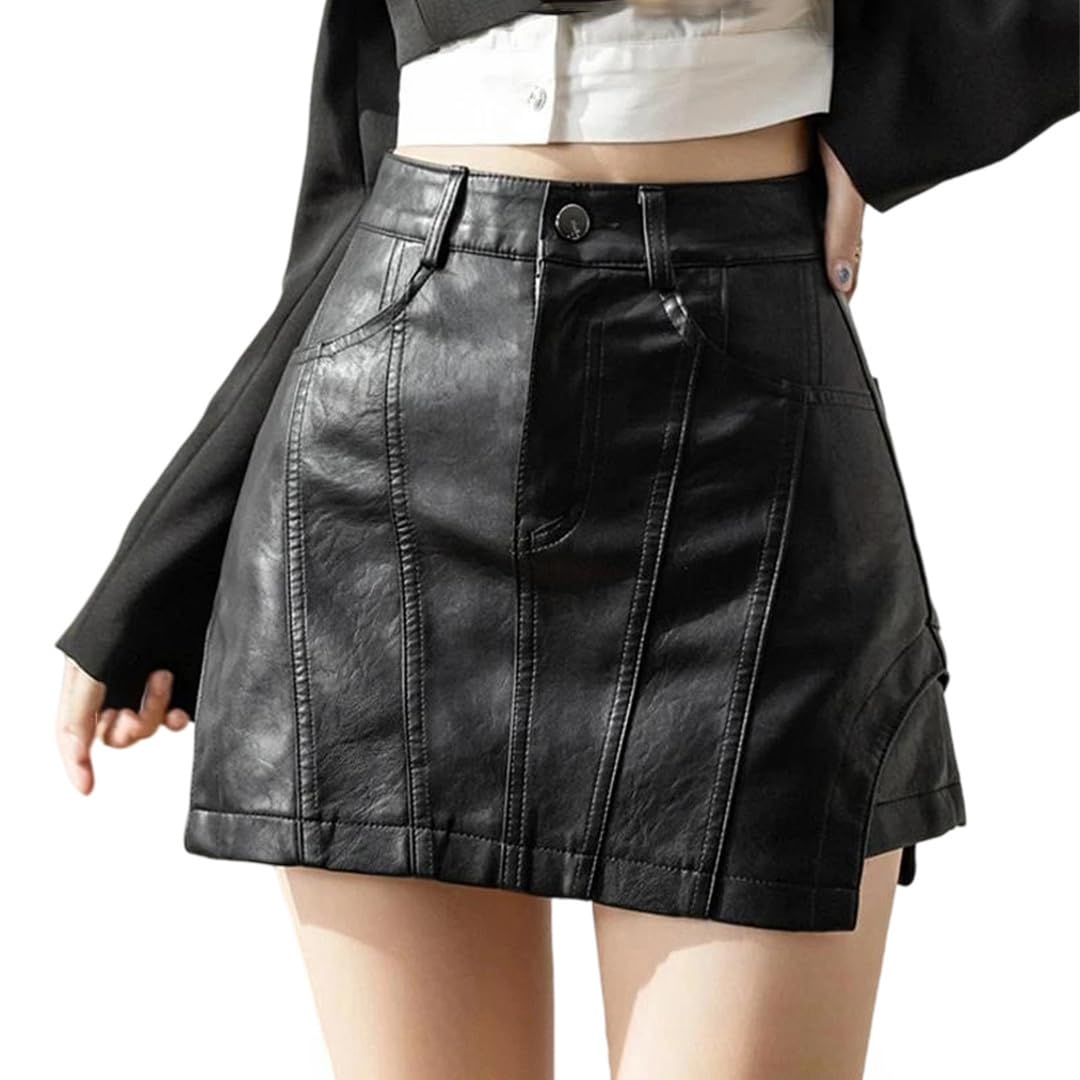 Kelsiop Falda corta gótica de piel sintética para mujer, minifalda Y2k, ropa de calle Harajuku