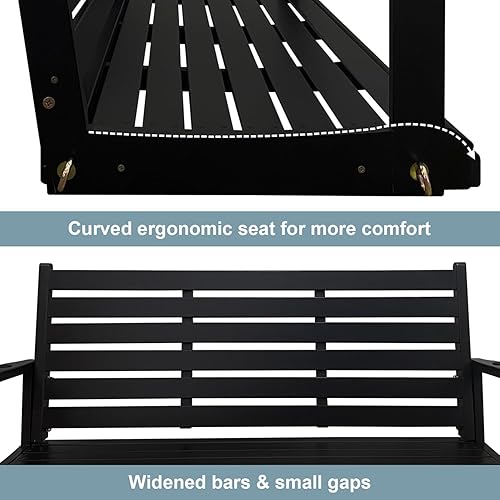 Miniatura 8 de Columpio de madera para porche, asiento ergonómico, columpio de banco con cadenas para colgar y resortes de 0.276 in, resistente, 880 libras, para