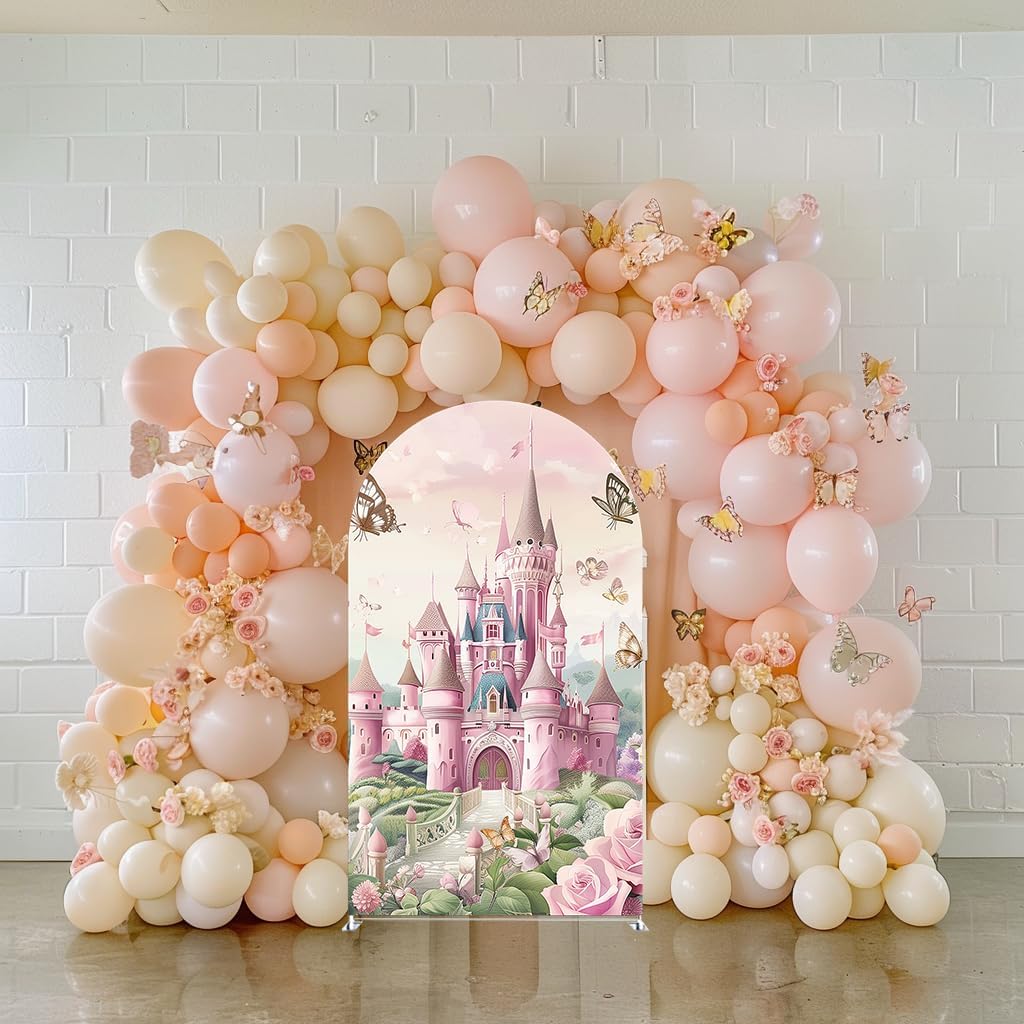 Pink Princess Castle Arched Backdrop Cover for Girls Birthday Party Floral Butterfly Arched Stand Covers Fantasy Fairy Tale Wonderland Theme Decorations
