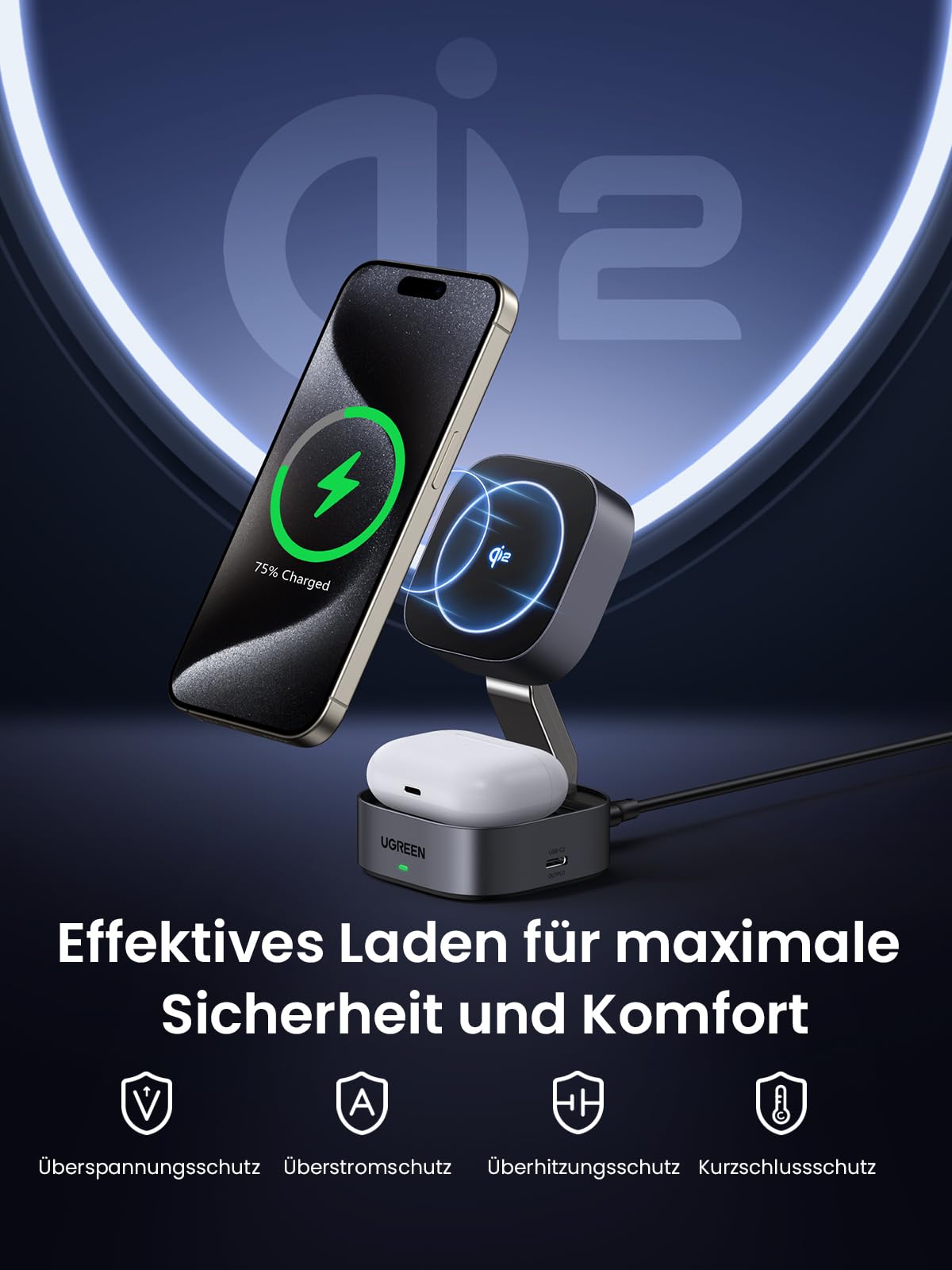 UGREEN MagFlow Qi2 15W 2-in-1 iPhone Faltbare Ladestation mit Magsafe | Wireless Charger, mit 1m Kabel, kompatibel mit iPhone 17/16/15/14/13/12, Airpods, Winkel-Einstellbarer Ladeständer