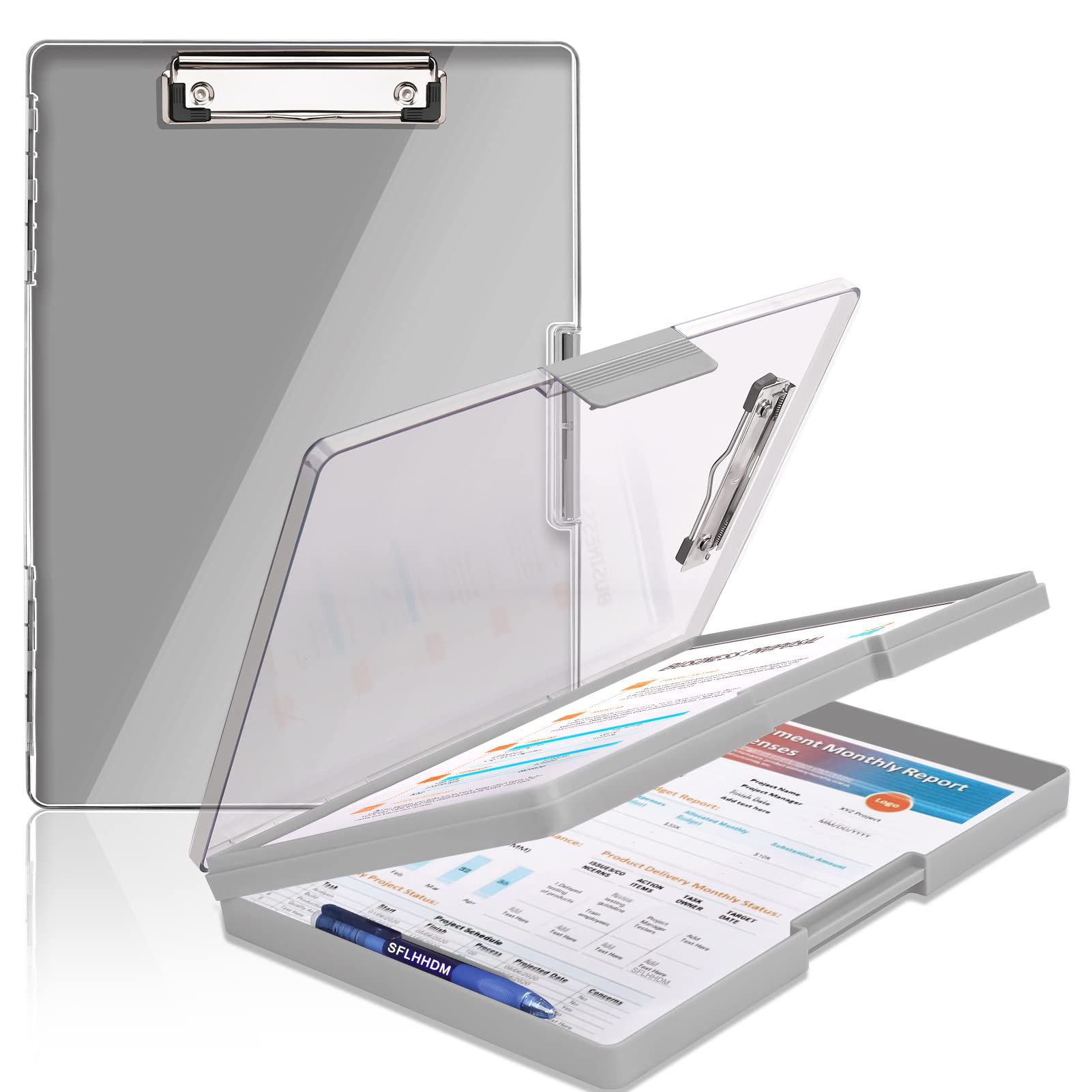 Clipboard with Storage,Heavy Duty Clip Boards 8.5x11 with 2 Storage Case,Clear Visible Top Panel Storage Clipboards,Side Opening Clip Boards,Nursing Clipboard Folder Case for Office Supplies-Gray