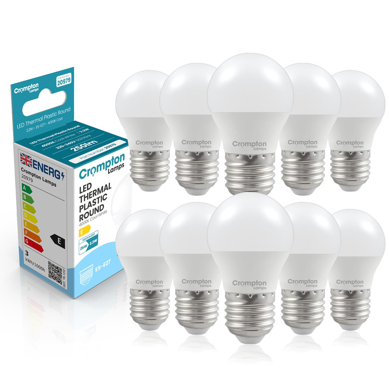 Crompton Lamps Golfball LED E27 Bulb | 2.2W = 25W Equivalent | Cool White 4000K | Energy Efficient | Edison Screw Lightbulb | Long Life 15,000-Hrs | Bulbs for Lamps | 10-Pack
