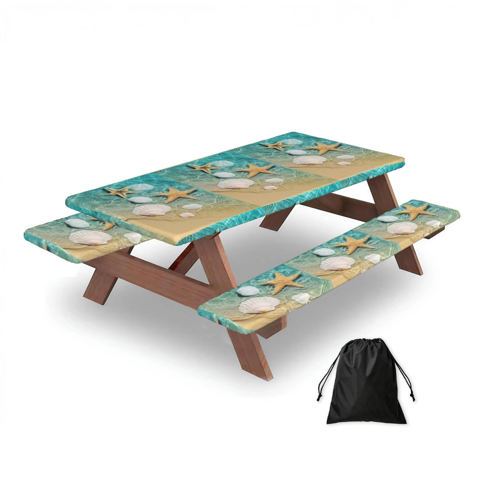 Beach Starfish Seashells, Picnic Table Cover With Bench Covers -Waterproof Elastic Fitted Tablecloth for Garden Camping Patio 76x152cm