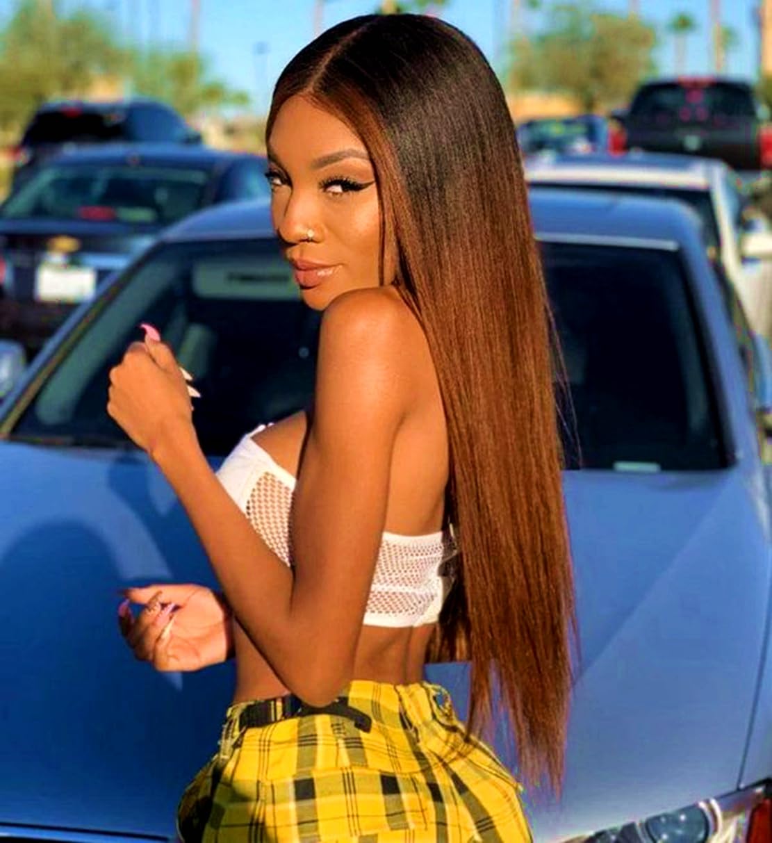 24 Inch Ombre Honey Blonde V Part Wig, Yaki Straight U Part Wig, Silky Straight Natural Wear And Go Black Glueless Half Wigs for Black Women, Heat