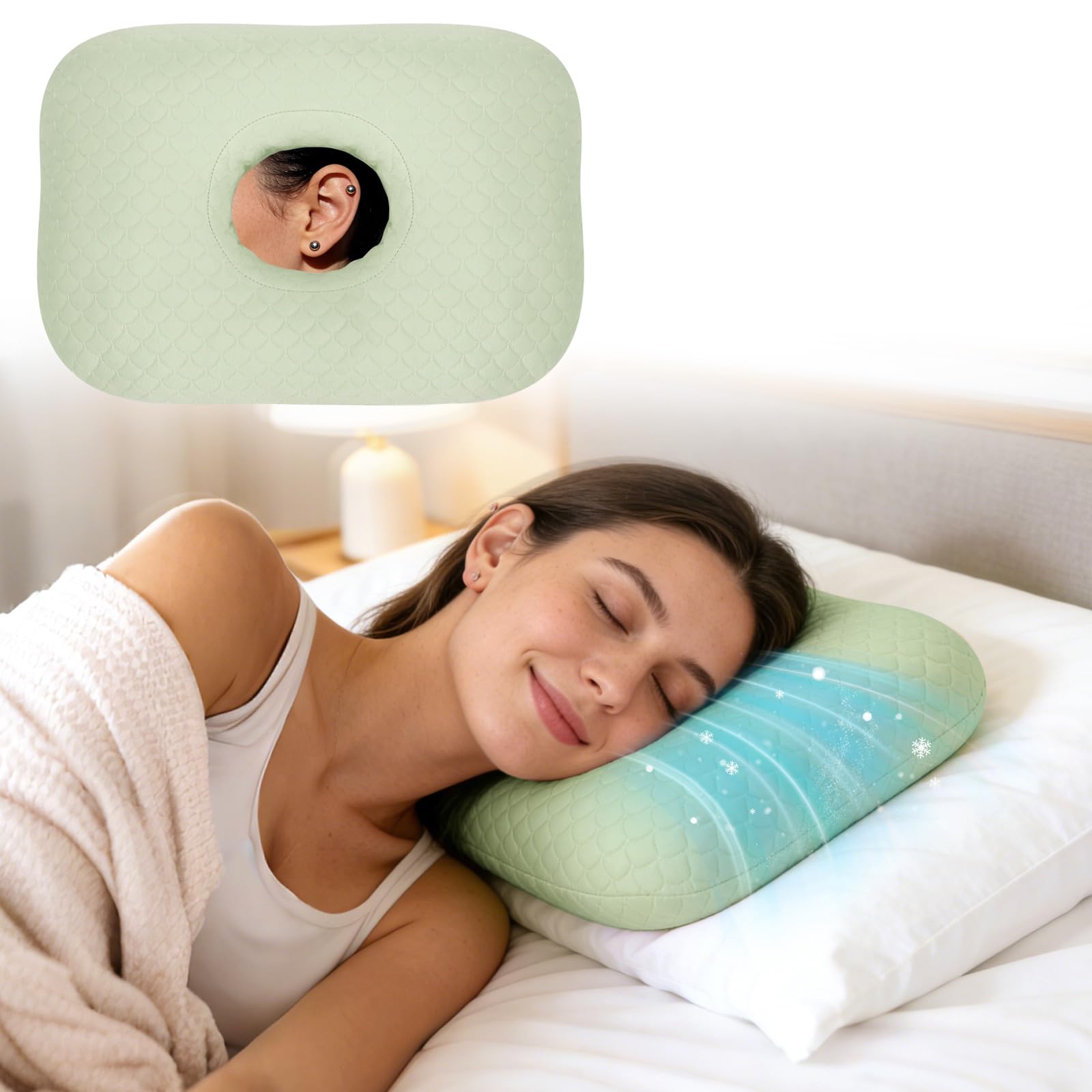 RoamReady Cooling Ear Piercing Pillow for Side Sleepers, Earring Pillow with Hole for Sleeping, Washable Donut Pillows For Piercing, Cnh, Headphone, Ear Pain And Pressure Relief, Green