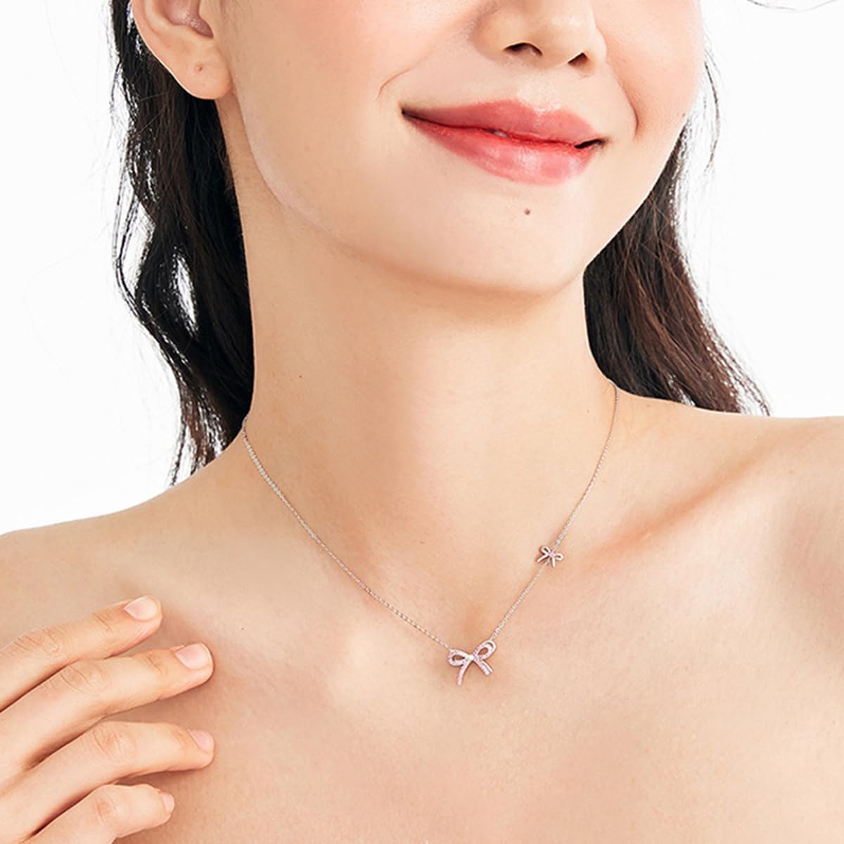 Pink Rhinestone Bow Necklace Dainty Cute Gold Silver Bow Pendent Choker Necklace Jewelry Gift - Image 2