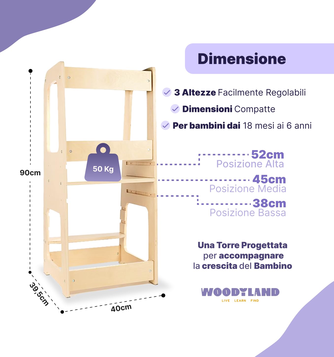 WOODYLAND Torre montessoriana Live, Scala bambini regolabile in altezza, Legno vero 40x39,5x90 cm