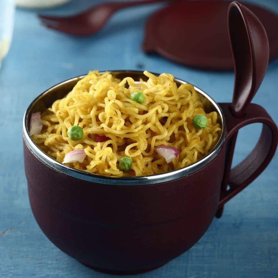 Image of AFFODYL - Stainless Steel Insulated Noodle & Soup Bowl with LID, Fork & Spoon | Leak Proof Bowl for Pasta,Soup,Rice,Maggie | Food Container