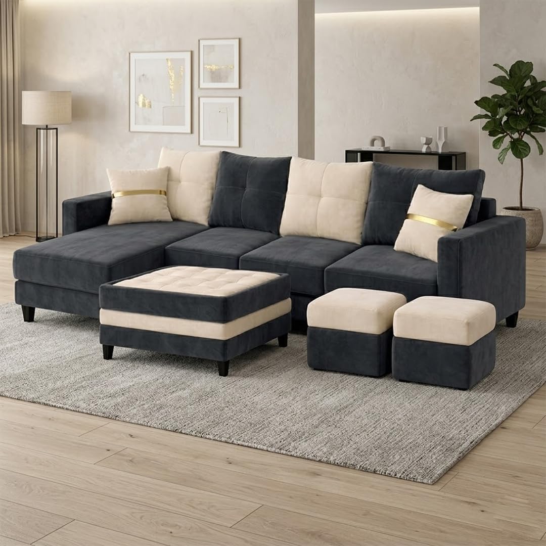 World Wooden Factor Fabric 8 Seater LHS Sofa Set (Dark Gray - Cream) | with 2 Ottomans & Centre Table | Comfortable & Spacious Seating | Modern Sofa Set for Living Room | Soft Touch-image-47