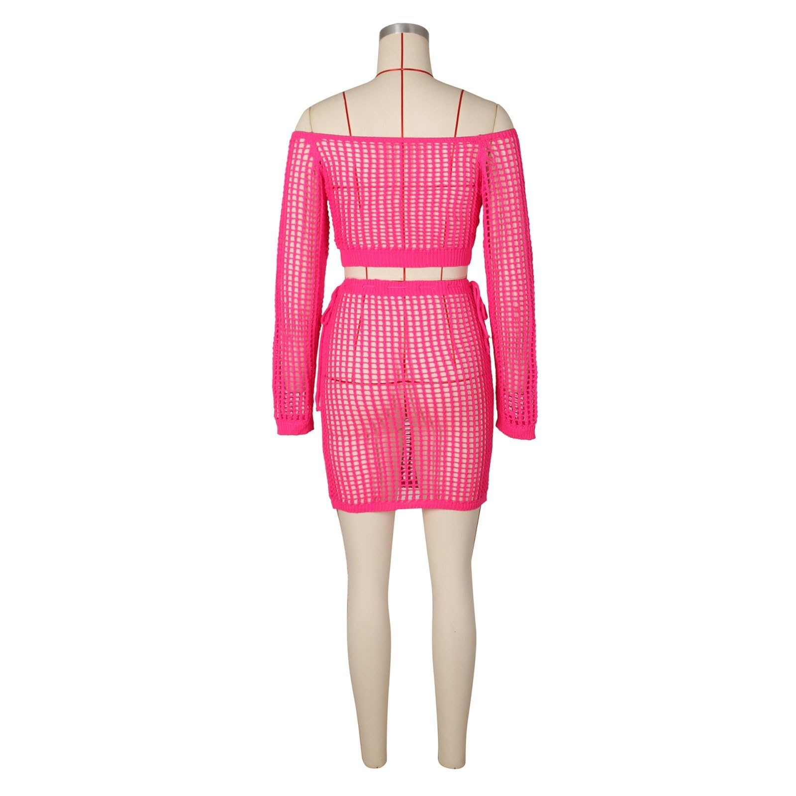 Donne Uncinetto Coprire Due Pezzi Abiti Manica Lunga Crop Top E Coulisse Mini Gonne