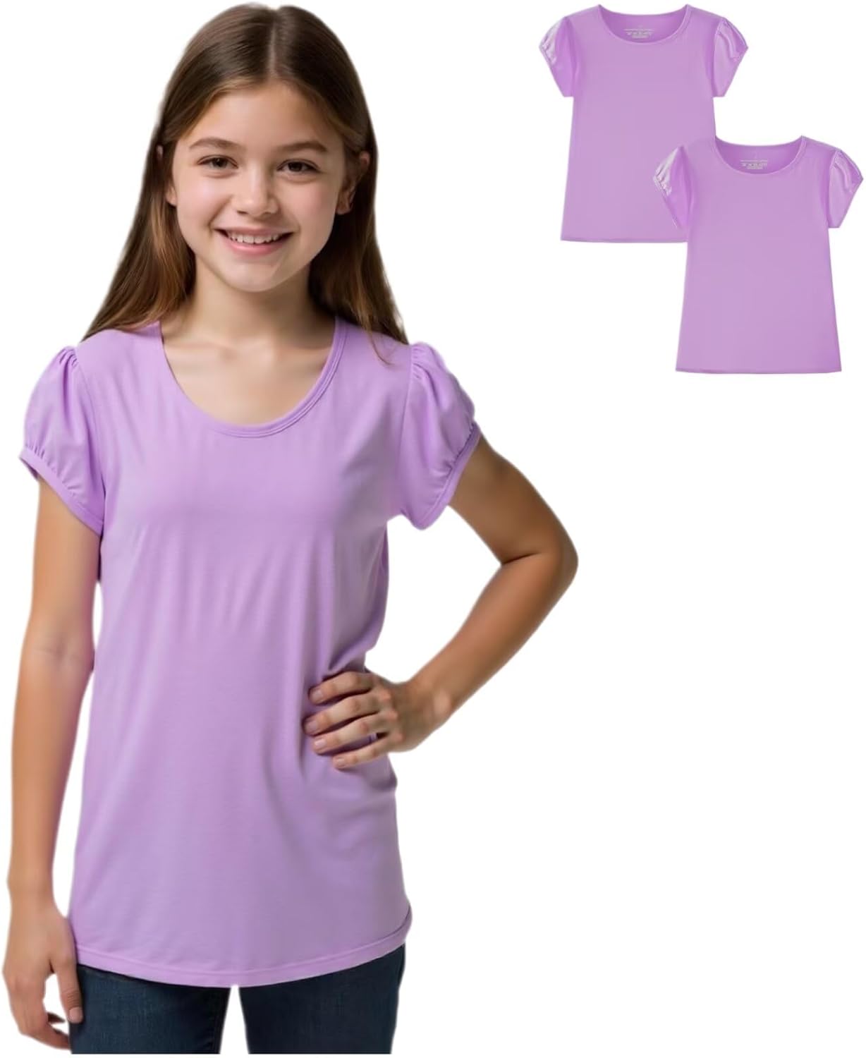 Huata Girls Short Puff Sleeve Tee Basic T-Shirt 2 Packs Crewneck - Image 6
