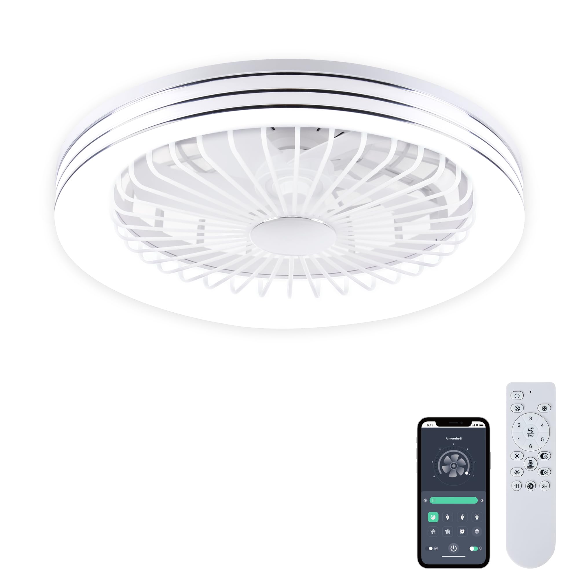 KMALAM 24" Low Profile Ceiling Fan with Light, Smart Bladeless Ceiling Fan with Remote/APP Control, Enclosed Flush Mount Ceilings Fans for 6 Speeds Reversible Timing