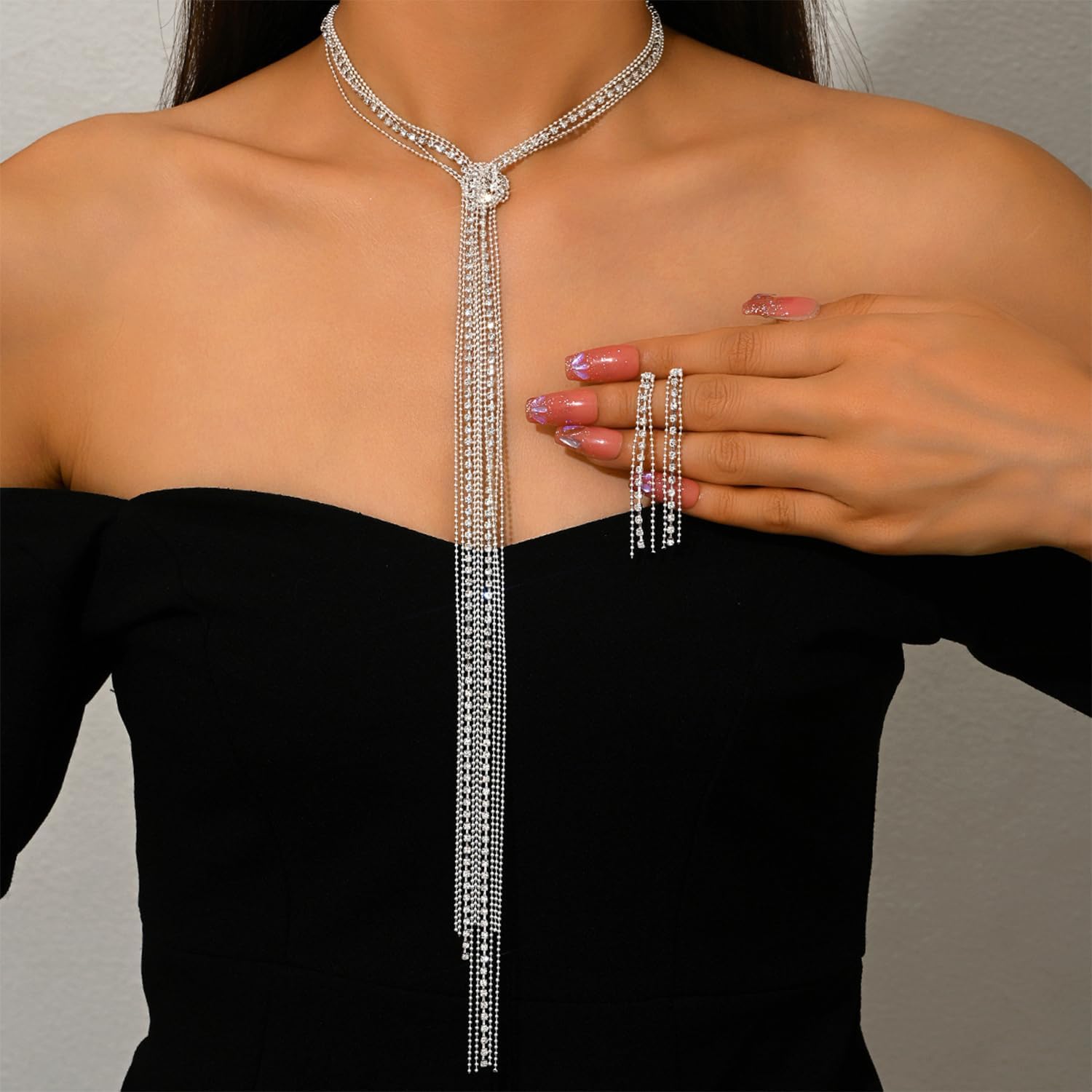 Rhinestone Bridal Wedding Jewelry Sets for Women Silver Long Crystal Knot Necklace Earrings Set Sweater Chain Formal Costume Jewelry for Dressy Party - Image 2