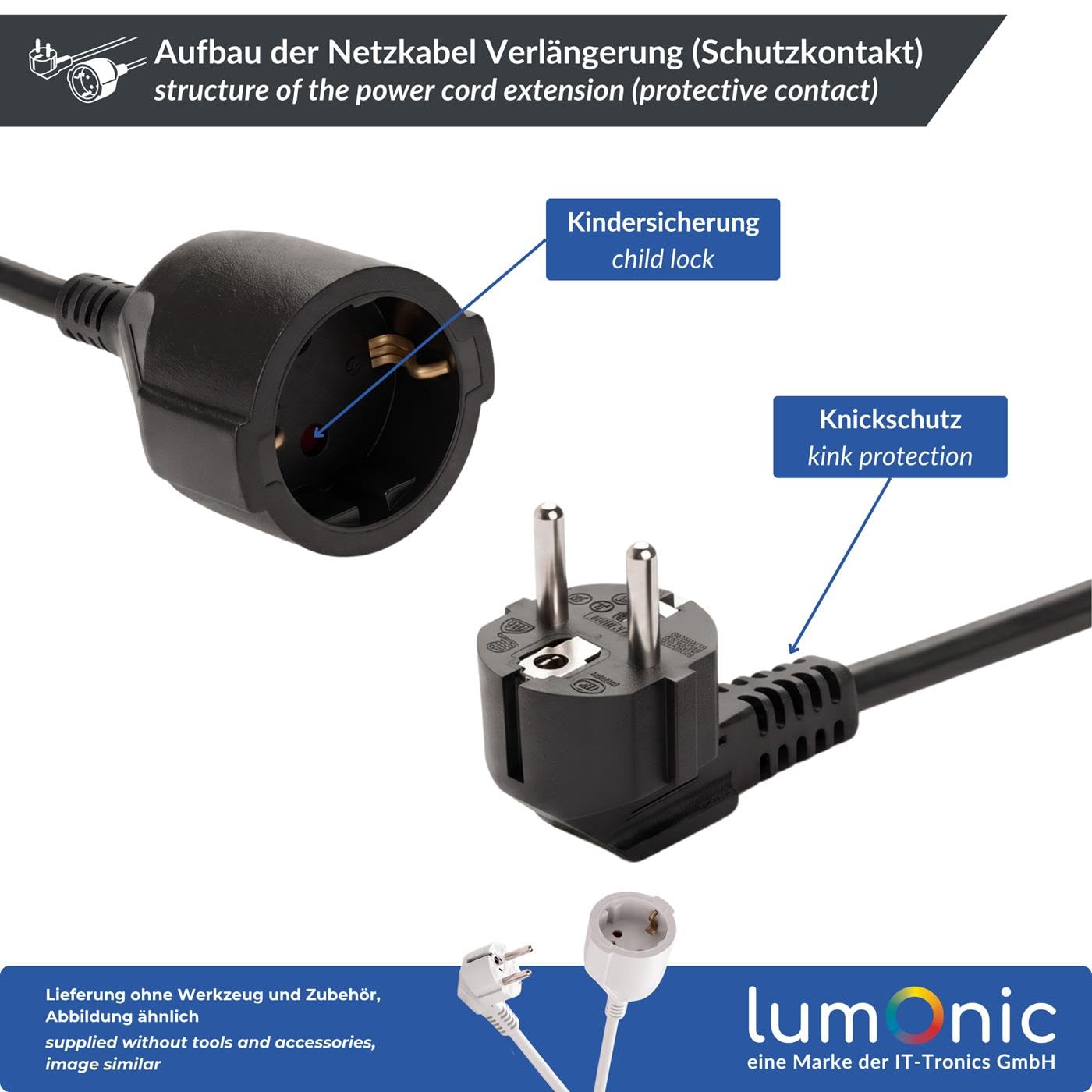 Lumonic Schuko Verlängerungskabel Weiß, 30 m, 230 V - Kindersicherung in der Buchse, für Waschmaschine und Geschirrspüler, Knickschutz am Stecker