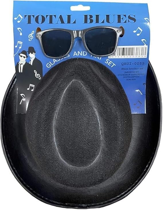 Labela® Blues Brothers Costume Kit Hat Sunglasses Tie & Sideburns 70s 80s Gangster Fancy Dress Set for Adults World Book Day (2Pcs Set Hat+Glasses)