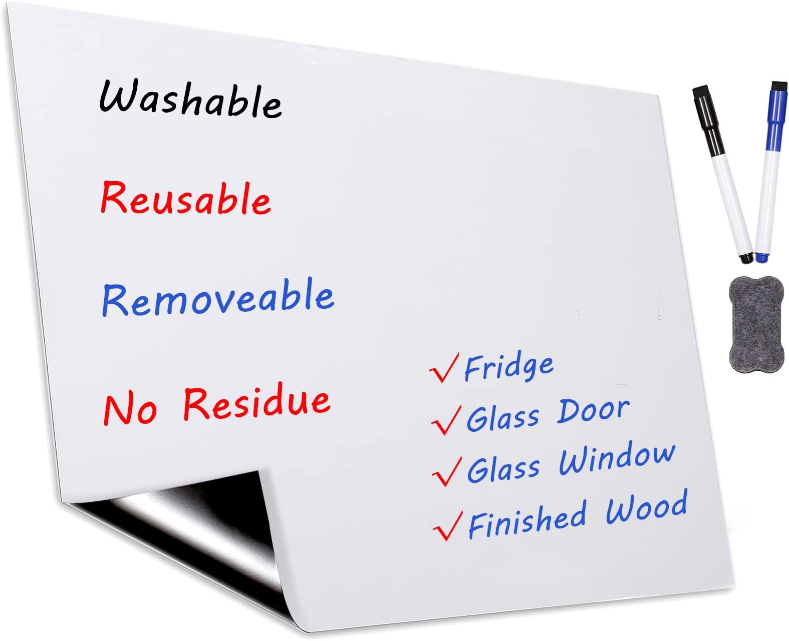 Dry Erase Whiteboard Sticker for Fridge, 16.5×11.7in Removable Whiteboard Sheet for Non-Magnetic Stainless Steel Glass Door w/ 2 Markers & 1 Eraser, Washable Sticky Note, No Residue, Any Shiny Surface