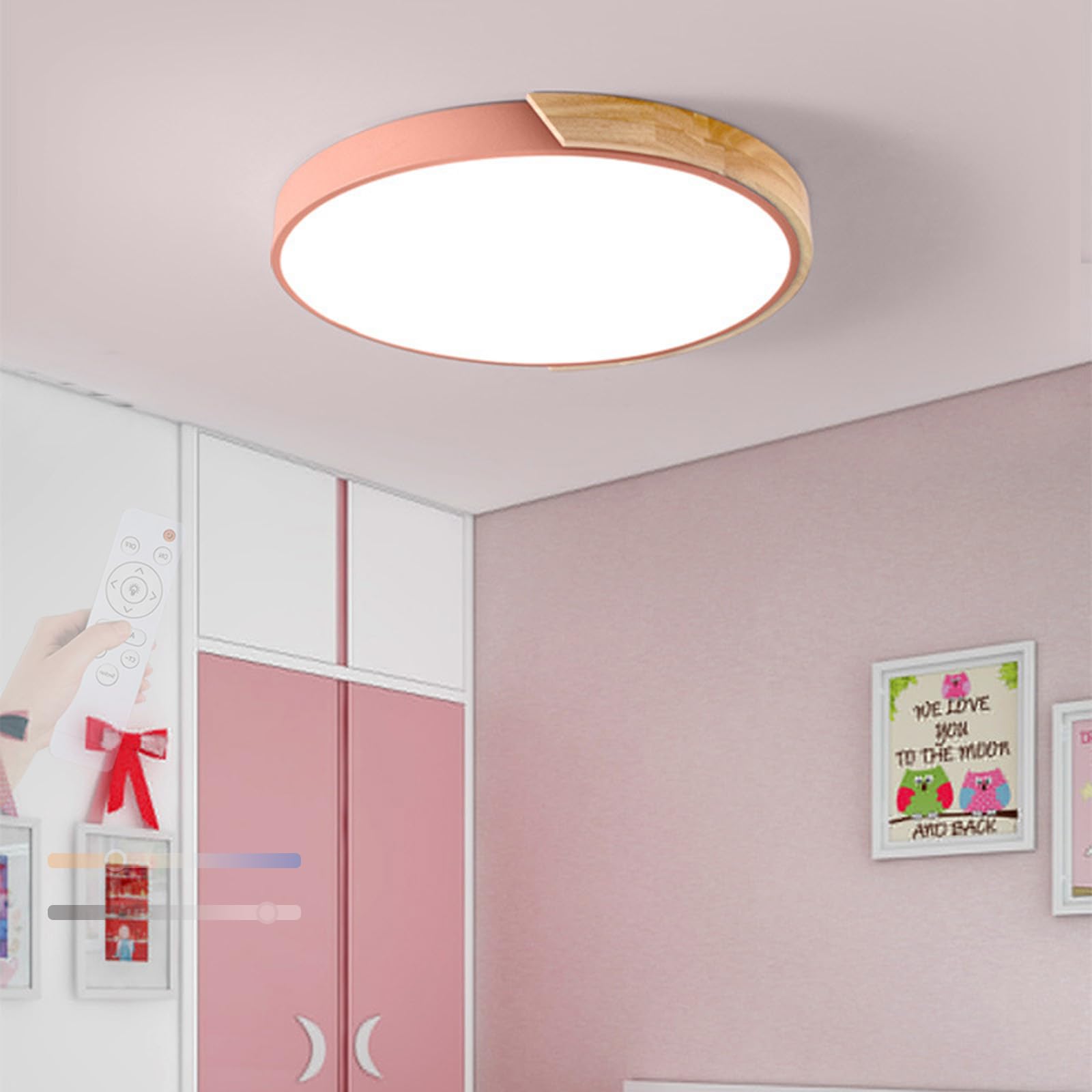TZSMUM LED Wood Ceiling Light Dimmable 2700K-6500K Ceiling Lamp with Remote Control Ceiling Lights Flush Mount Ceiling Lighting Modern Decorative for Living Room Kitchen Lounge (Pink,50cm)