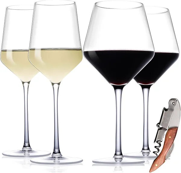 Physkoa Red and White Wine Glasses Set of 4 with Corkscrew, (23oz,14oz) Hand Blown Crystal Glasses - Large Burgundy Glasses- Wedding Housewarming Christmas Mother's Day Gifts