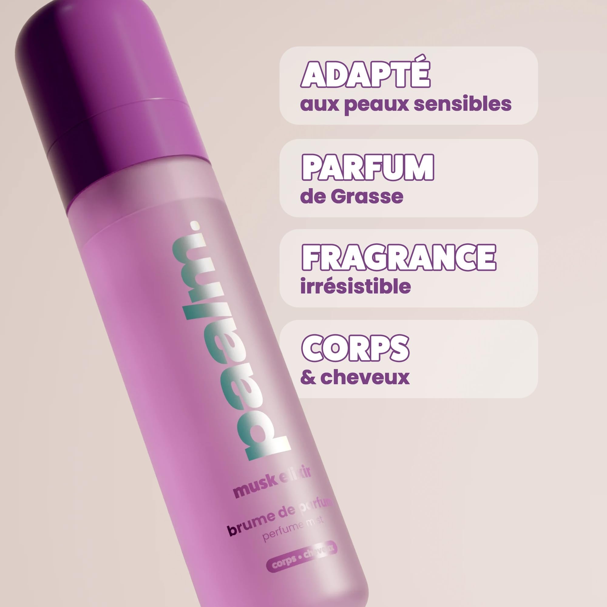 Paalm Cosmetics- Brume Parfumée Musk Elixir - 100 ml - Pour Corps Cheveux et Vêtements Notes Musc Blanc Rose de Damas Vanille Oud Fabriquée à Grasse Formule Clean Longue Tenue
