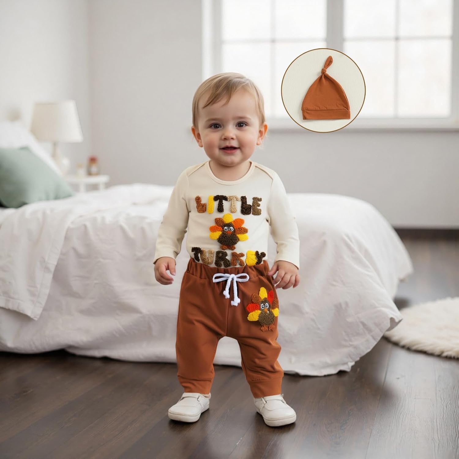 Springcmy Newborn Baby Boy Thanksgiving Outfit Long Sleeve Turkey My 1st Thanksgiving Romper Long Pants Hat 3Pcs Clothes Set - Image 6