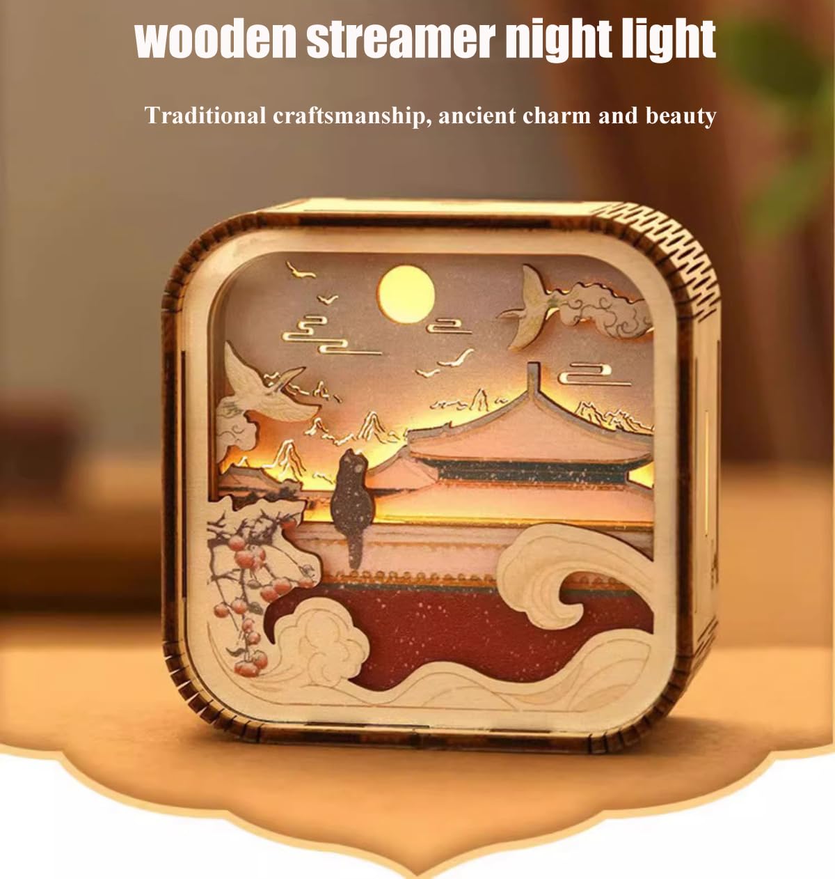 Luz nocturna de madera, el gato de la Ciudad Prohibida espera la nieve, luz de ambiente de dormitorio, luz nocturna de madera para acompañar la luz de dormir, luz de tallado de madera simple