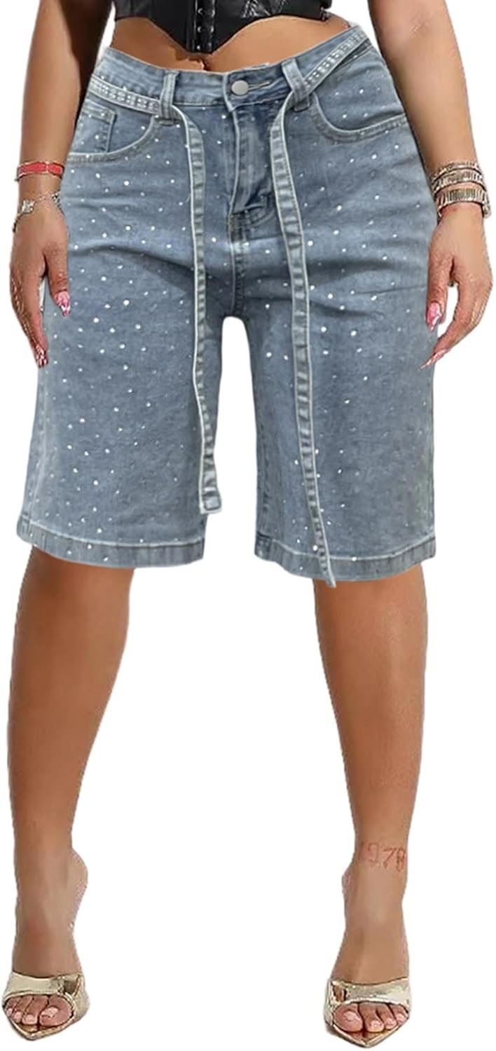 Women's Rhinestone Denim Shorts Casual Stretchy High Waisted Bermuda Jean Shorts with Belt Y2K Streetwear