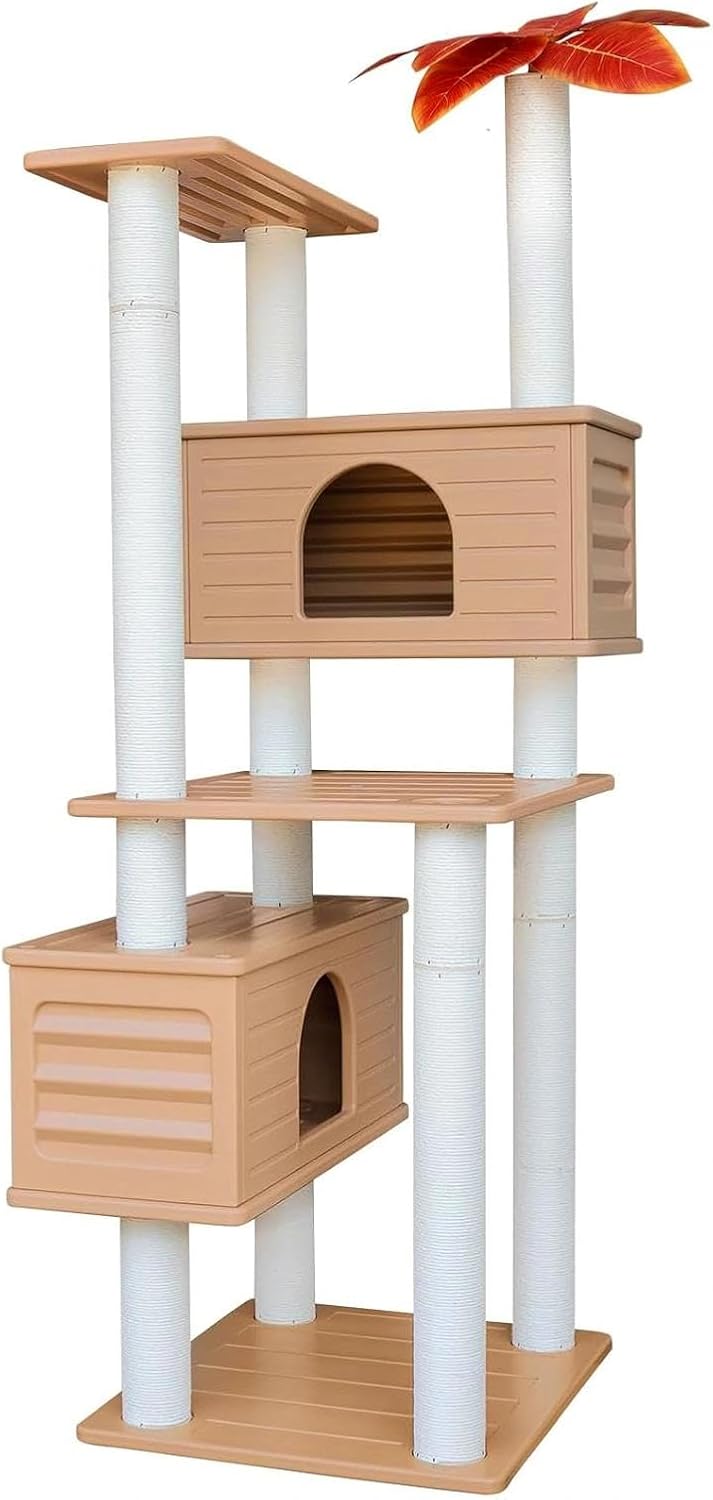 64 Inches Tall Outdoor Weatherproof Multi-Level Cat Tree, Two Cat Condo with PVC Board and Cat Scratching Posts, for Outside and Indoor Cat Houses