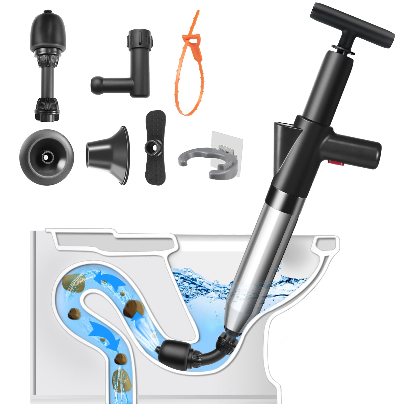 LightingWill Ensemble de déboucheur de toilettes haute pression robuste avec un support et 4 têtes remplaçables, outils de débouchage de toilettes pour déboucher les toilettes, baignoires, douches