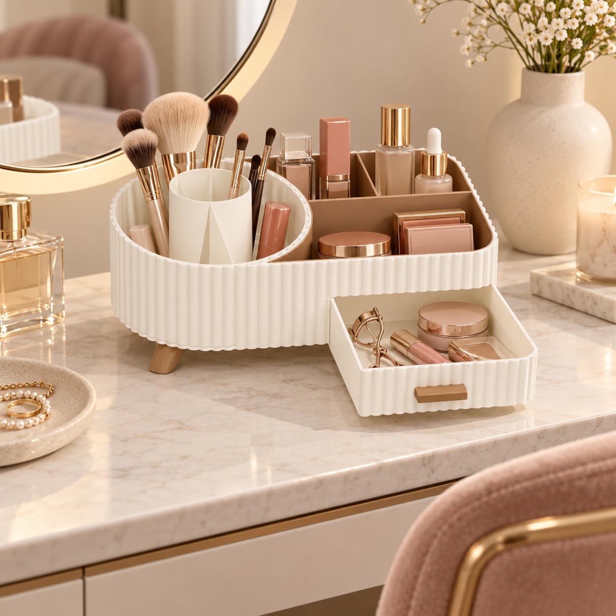 Bellatonni Organizador de Maquillaje Giratorio Beige con Cajón